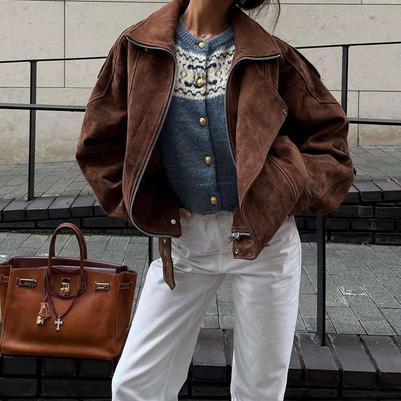 Women's Clothing Brown Short Loose Coat Autumn New Street Fashion Lapel Zipper Coat