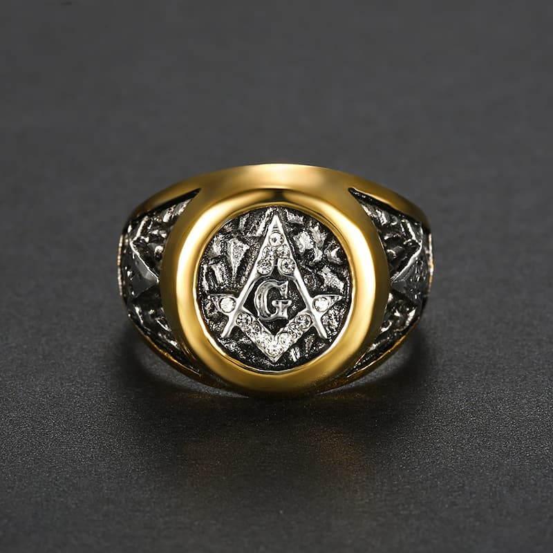 Freemasonry logo AG ring street fashion gold Freemasonry white diamond ring stainless steel retro ring