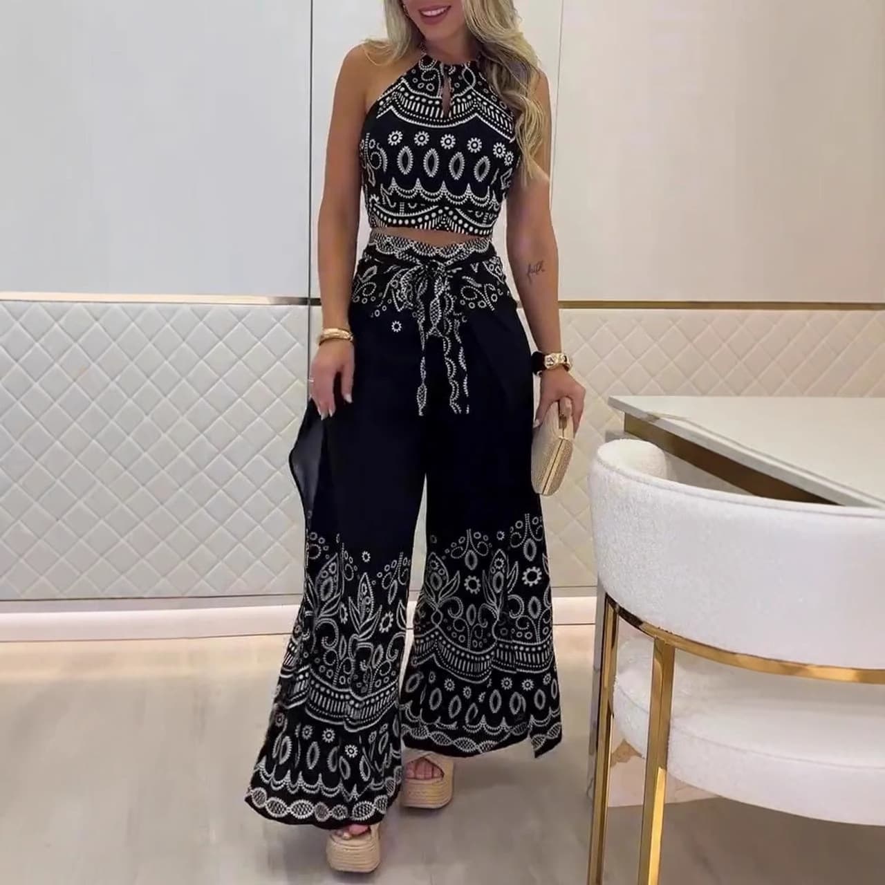 Women’s Clothing Spring And Summer New Retro National Style Halter Top Wide Leg Pants Set