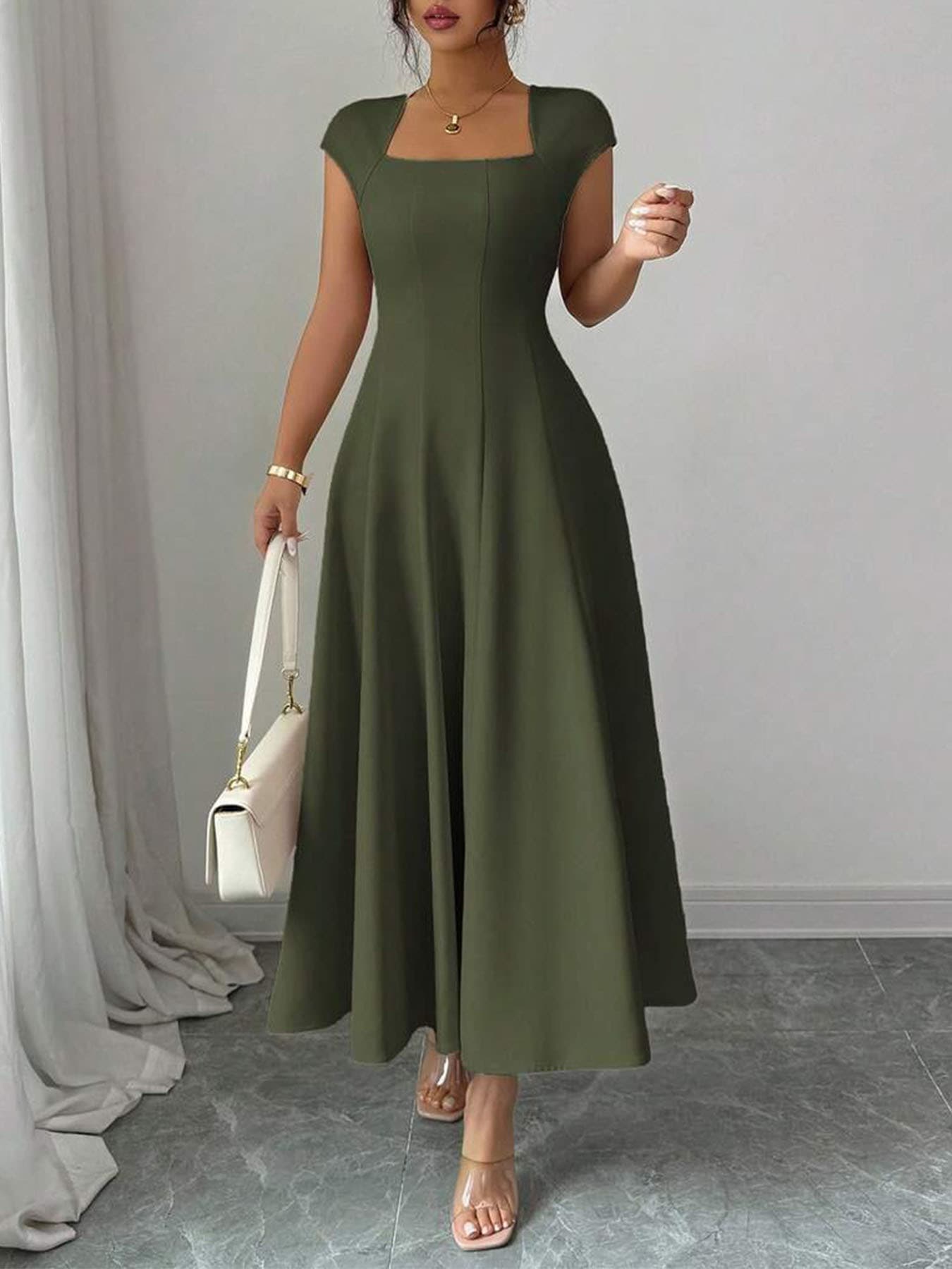 Robe longue élégante pour femme, col carré, manches courtes