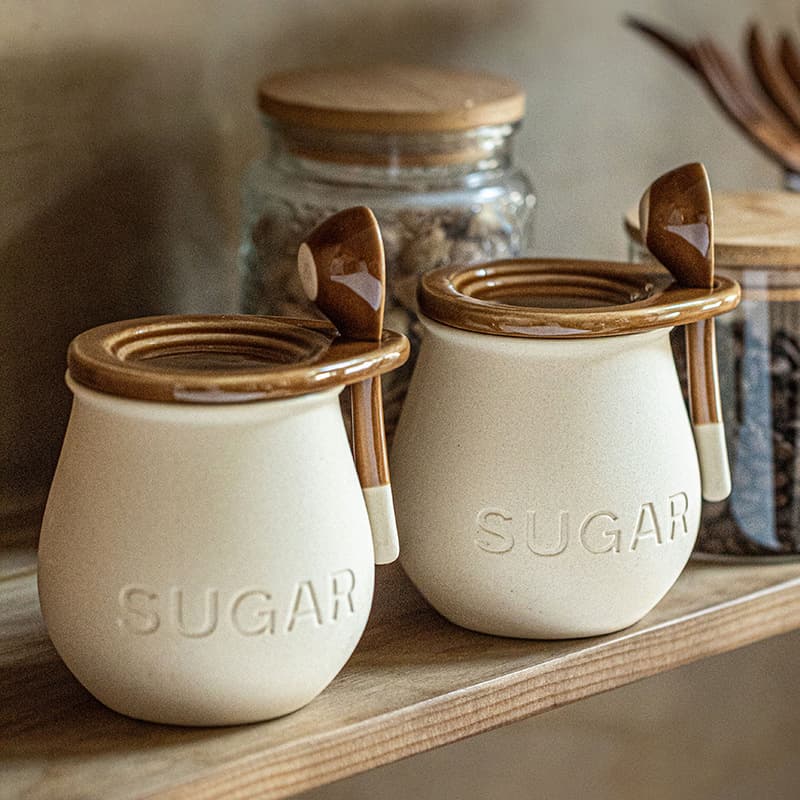 Retro Ceramic Seasoning Jar With Cover Spoon Seasoning Salt Jar Lard Jar