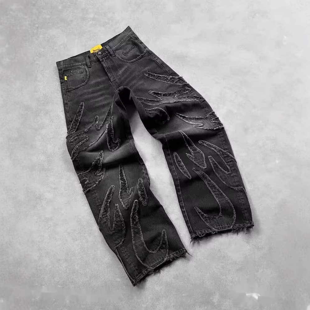 Men's Clothing Bat Pattern Embroidery Loose Jeans Men Street Pants Lazy Casual Jeans