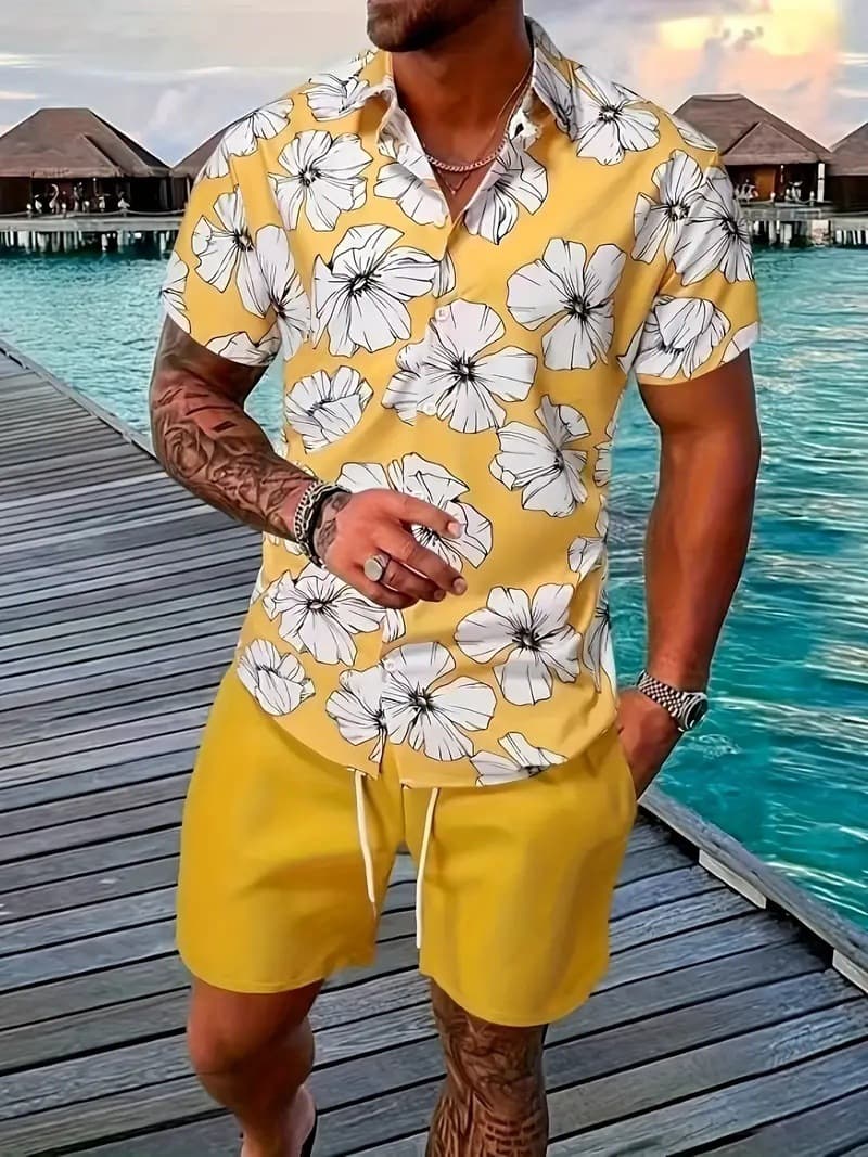 Men's Clothing 2025 Hot Cross Border Fashion Short Sleeved Shirt Suit Men's Casual 3D Printed Short Sleeved Shorts Shirt