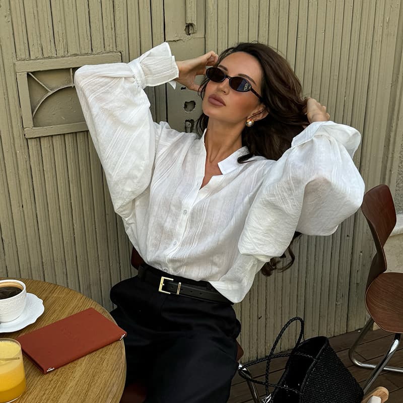 Sweet And Fresh Loose Plus Size Stand Collar Puff Sleeve Long Sleeve Shirt Women's Top