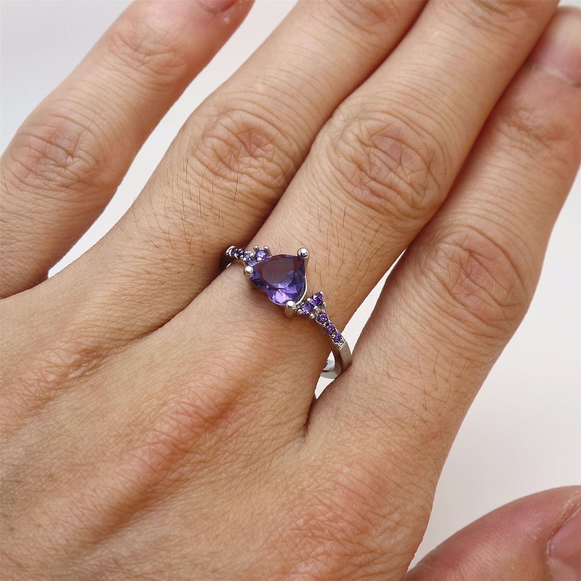 Natural Amethyst Zircon Silver Ring Fashion Wedding Heart Shaped Ring Jewelry Female