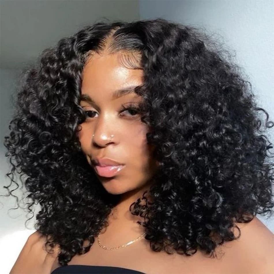 Glueless Short Bob Deep Wave Human Hair Water Wave Frontal Kinky Curly Lace Front Transparent Wigs