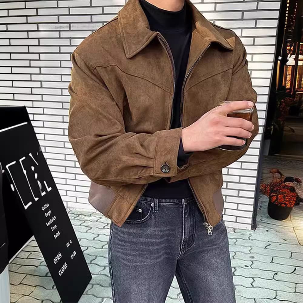 ​​Men's Slim Fit Casual Zip-Up Jacket With Double Front Zipper & Notched Collar - Lightweight Polyester Blend, Windproof & Durable (Black/Coffee)​​