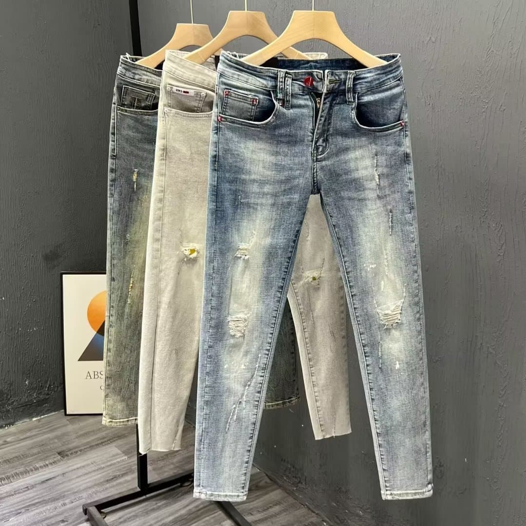 Men's Clothing Washed Blue Ripped Jeans Men's Autumn New Style Personality Scraped Slim Fit High Versatile Trousers