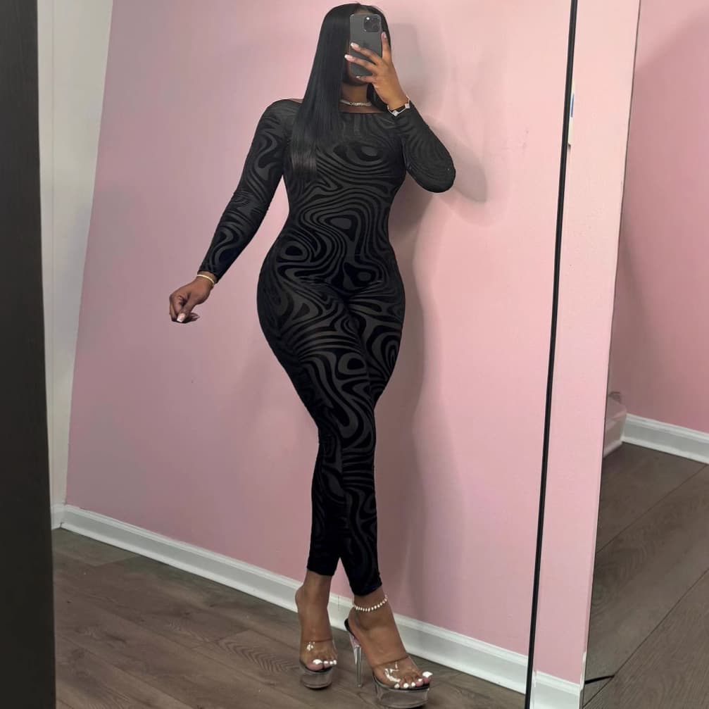 CN0226 Women's 2024 Autumn And Winter New Style Temperament Printed Sexy Big Backless Tight Jumpsuit