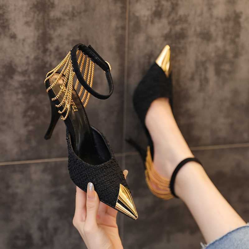 Women's Elegant Chain Detail Pointed-Toe Stiletto Pumps In Classic Black For Office & Evening Wear Pointed Toe And Stiletto Heel In Sexy Black.