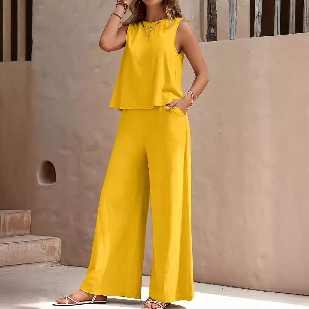 [Cotton Linen] Women's Casual Suit Loose Solid Color Shirt Trousers Two-piece Set