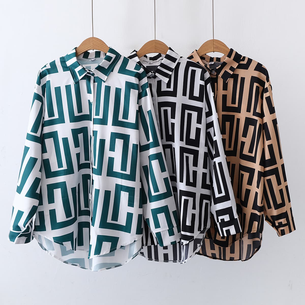 New Floral Print Loose Fit Turn-down Collar Long Sleeve Fashion Shirt For Women