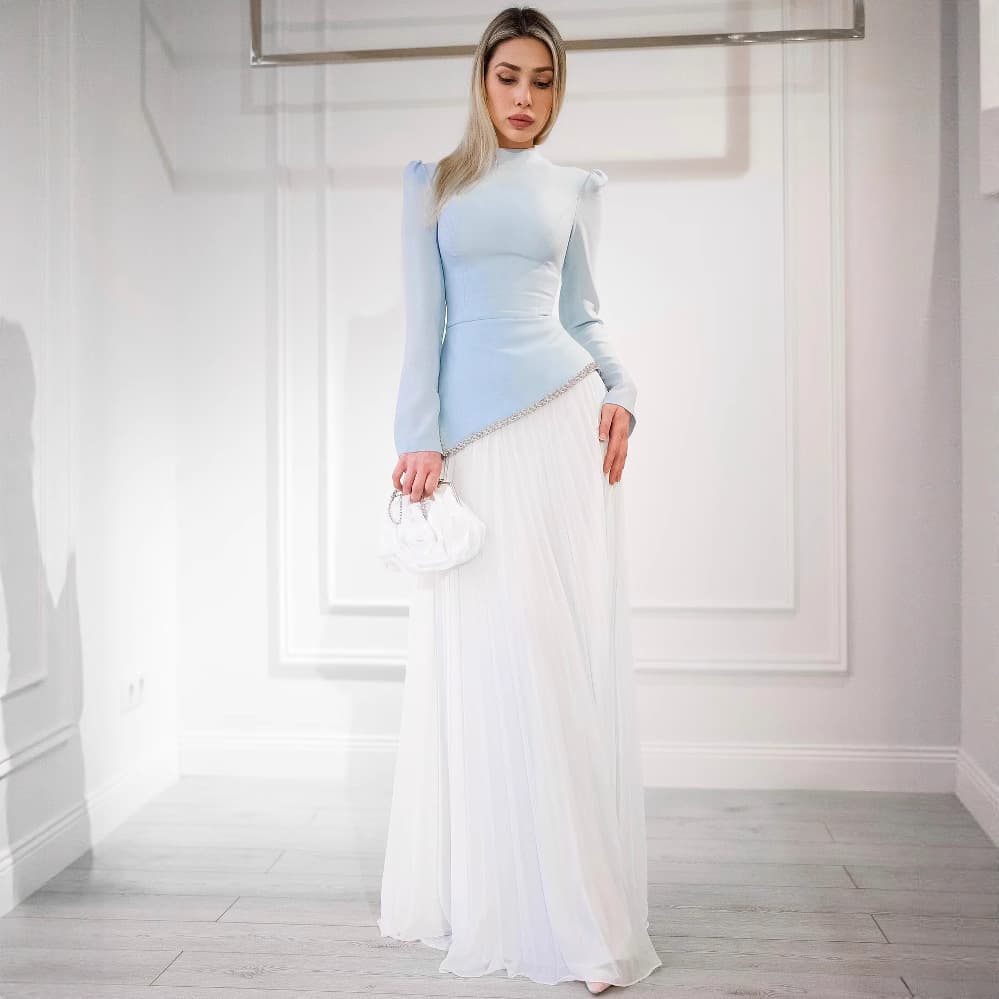 Elegant Chiffon Beaded Pleated Evening Gown For Women - Long Sleeve Formal Dress For Wedding & Special Occasions (Blue & White, S-XXL)