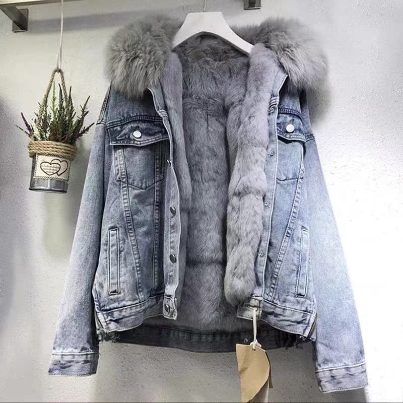 Women's Clothing Short Cotton Jacket Winter New Style Plus Velvet Cotton Jacket Loose Denim Fur Collar Thickened Jacket Women