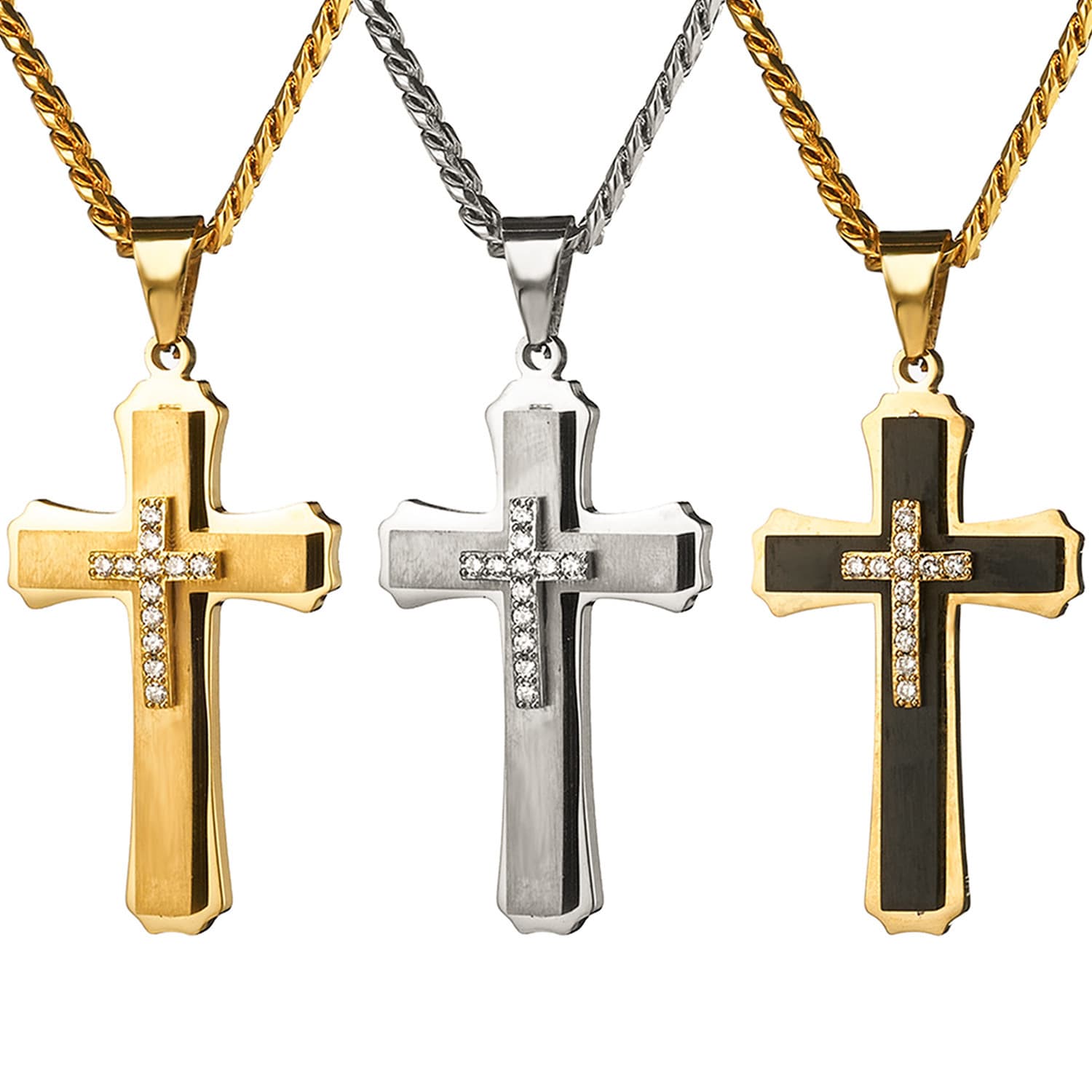 Titanium Cross Three-Layer Inlaid Diamond Pendant European And American Punk Trendy Men's Stainless Steel Necklace