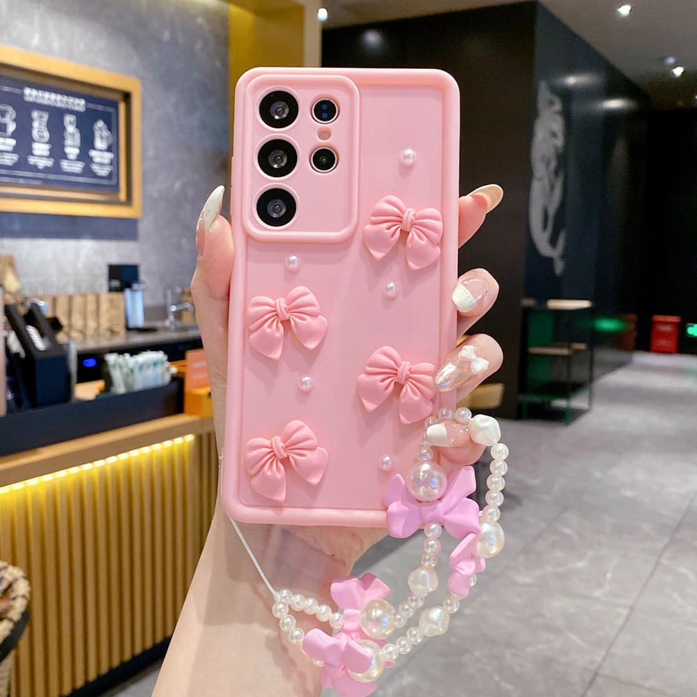 3D Pearl Pink Bow Lanyard Phone Case For Samsung Galaxy S25 S24 Ultra S23 S22 S21 Plus A53 A54 Bracelet Wrist Strap Soft Cover