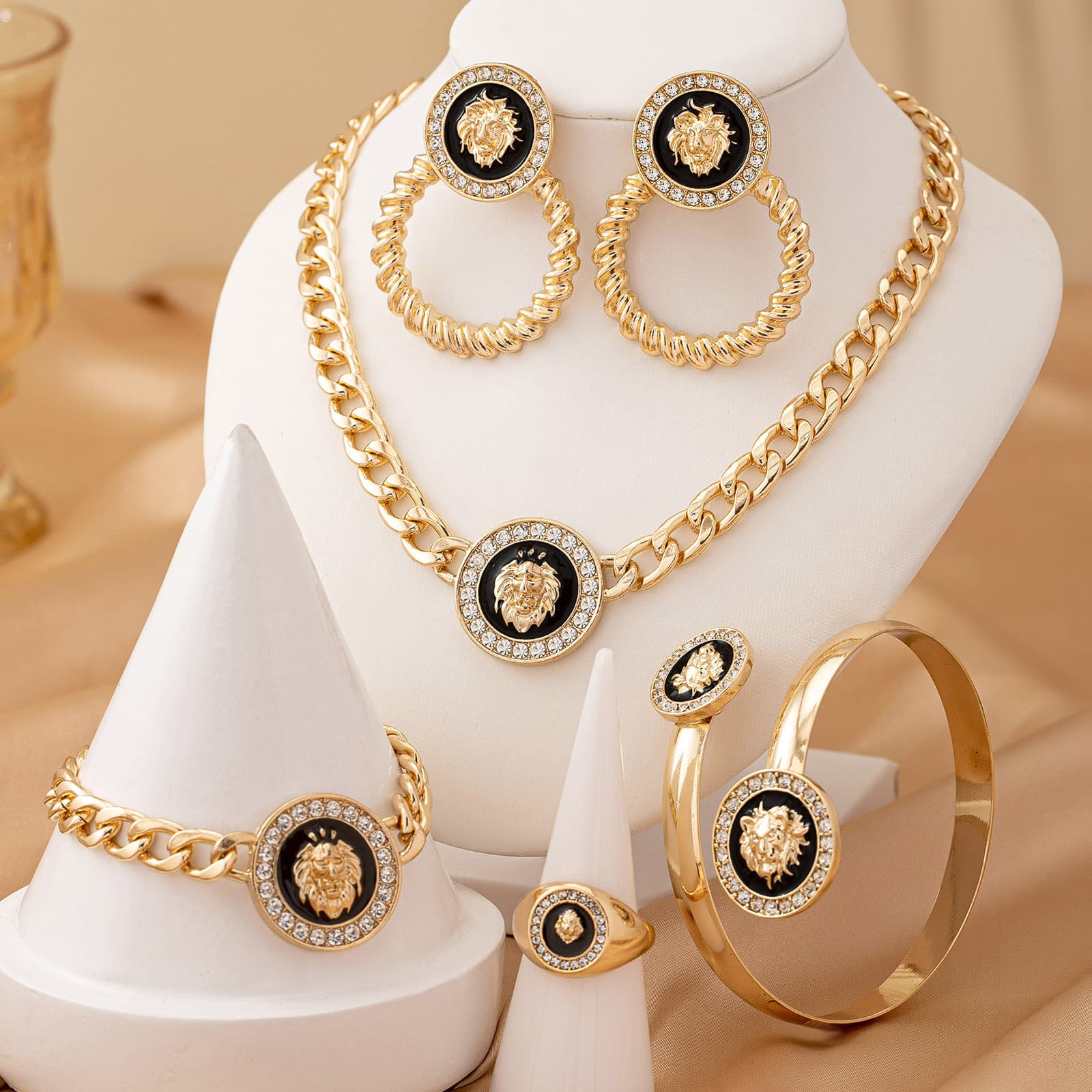 Cross-Border Creative Fashion Lion Head Ring Bracelet Earrings Necklace Set For Women Banquet Party Jewelry