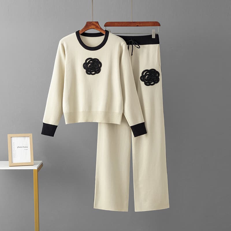 Women's Clothing fashion suits for women in spring and autumn, loose irregular knitted tops, wide leg pants, two piece suits, embroidery trendy brands