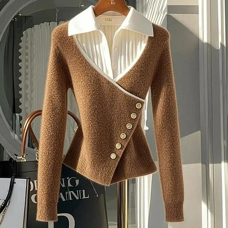 Women's Clothing Two Piece Design Sweater Winter High End Feeling Super Good Looking Unique Knitted Top