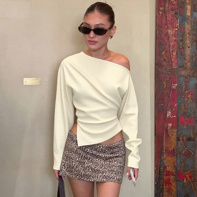 Women's Off-Shoulder Long Sleeve T-Shirt Slim Fit Summer Fashionable Simple Design With Slit New Arrivals