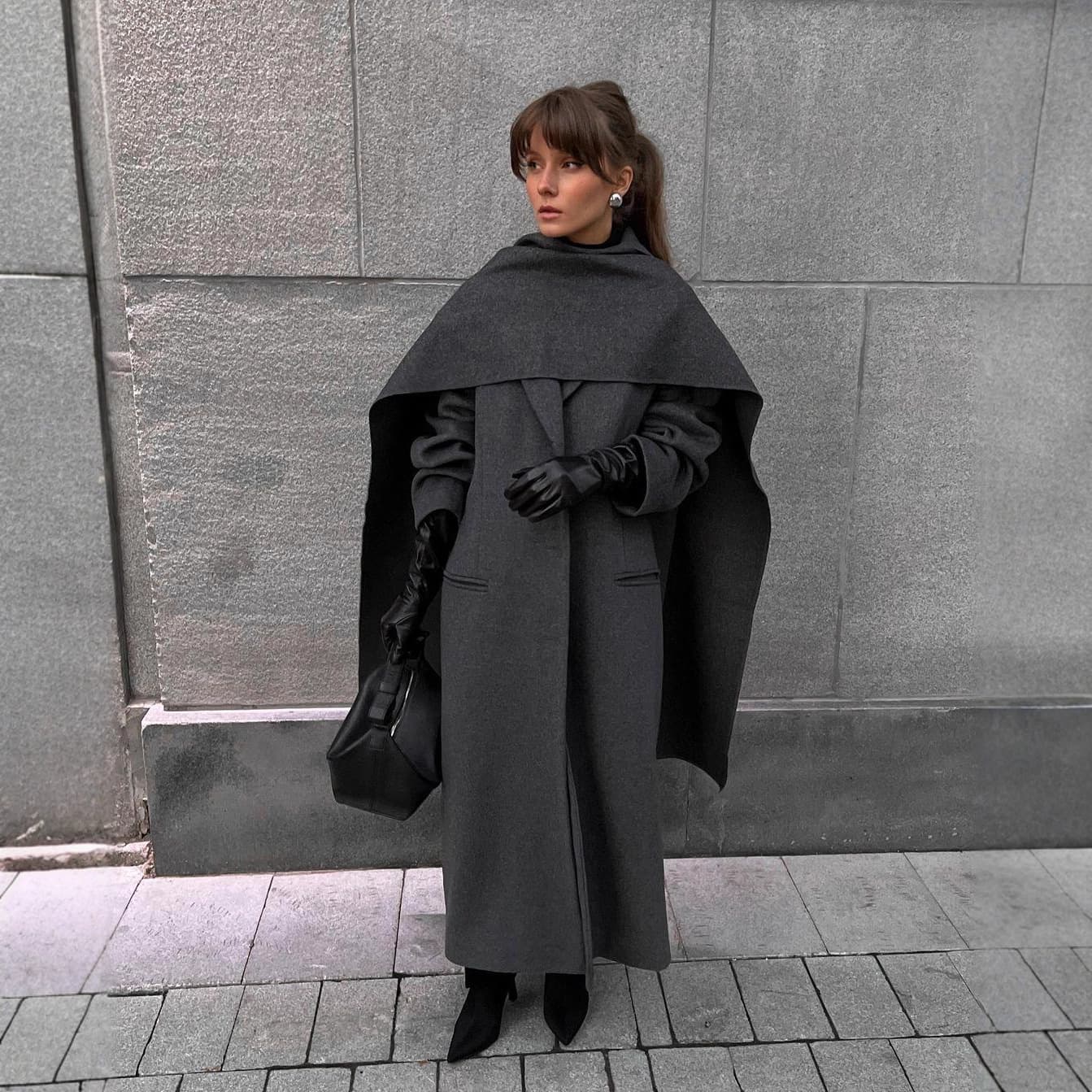 Women's Clothing Elegant Long Scarf-Collar Coat For Women - Oversized Pure Color Trench Coat With Detachable Scarf (Available In Coffee, Dark Gray)