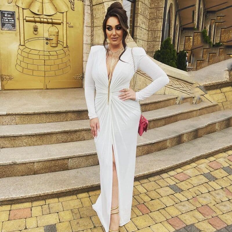 ​​Elegant Deep V-Neck Pleated Dress – Long Sleeve High Slit Evening Gown For Women (Black/White, S-L)​​