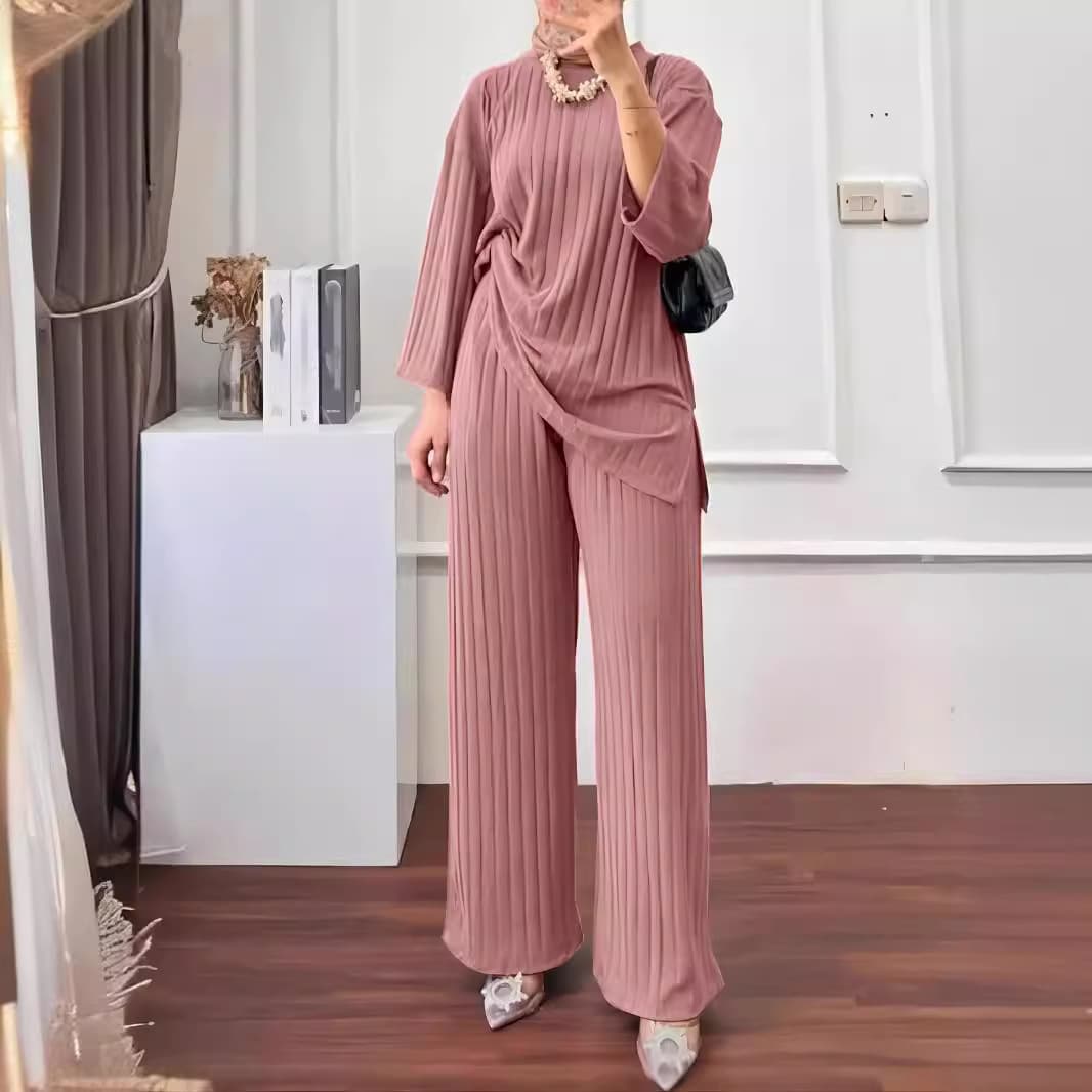 New Women's Long Sleeve Tops Wide Leg Pants Solid Color Casual Sportswear Two Piece Set