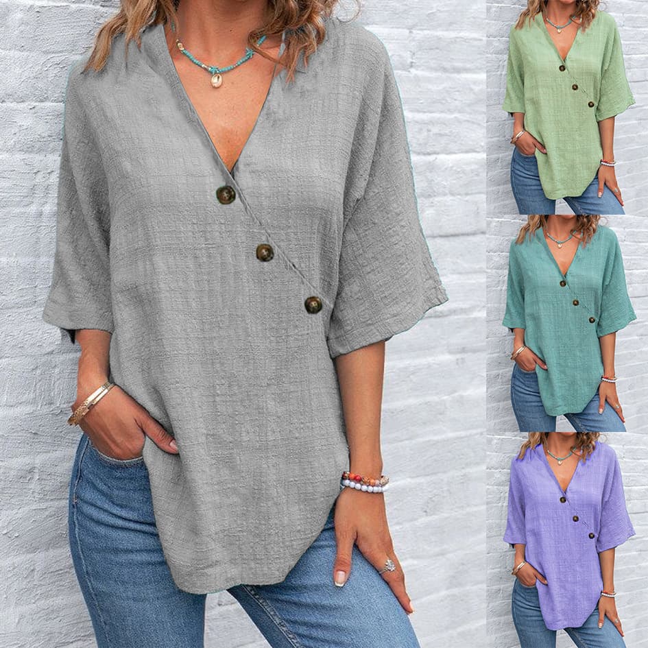 Women's Clothing Women's Shirt Tops V Neck Solid Color Linen Fabric Shirt
