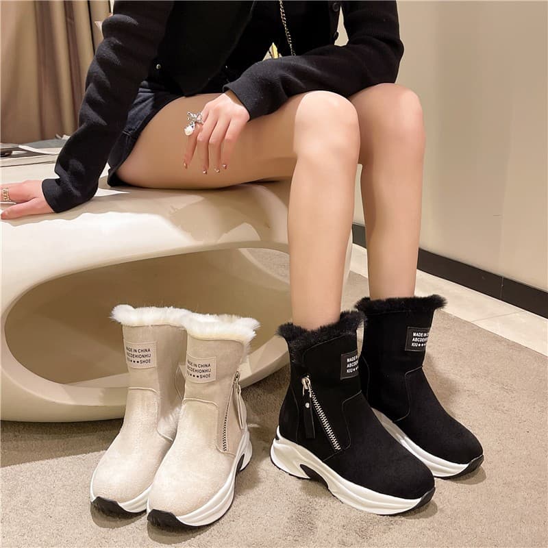 Women's Shoes Winter Snow Boots With Faux Fur Lining, Round Toe Slip-On Casual Shoes, Rubber Sole For Warmth And Comfort