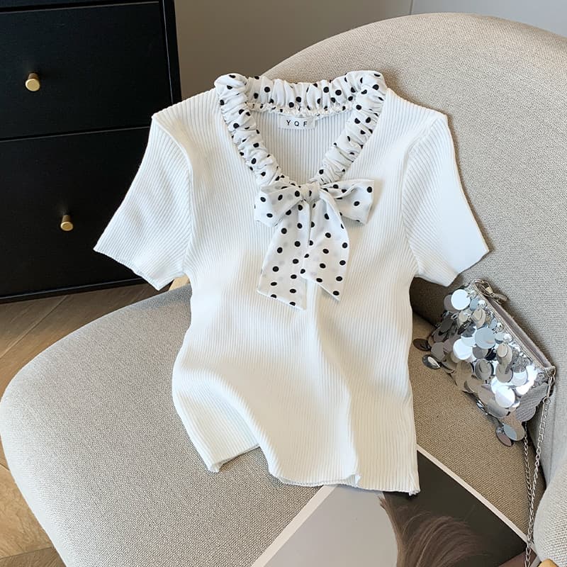 Women's Clothing Summer New Design Polka Dot Bow Tie Slim T Shirt Ice Silk Sweater Women
