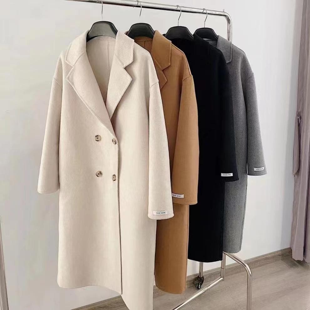 Women's Clothing 100% double faced cashmere winter coat classic suit collar retro loose double breasted coat