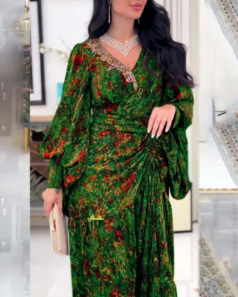 2023 Spring/Summer New Long Spliced Waist Skirt V-neck Printed Belt Dress