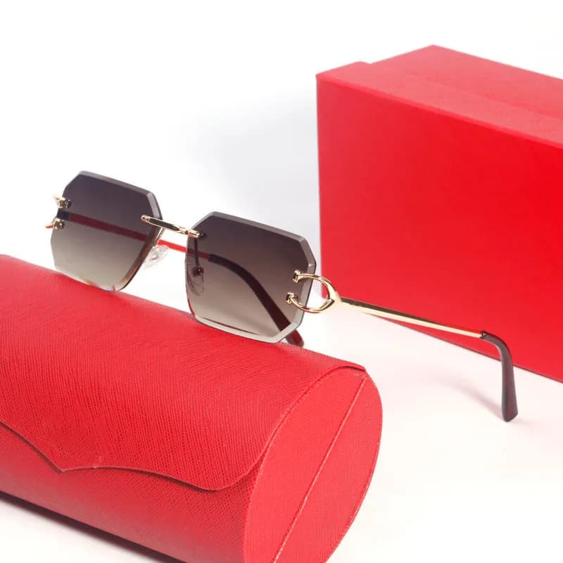 Fashion classic designer ladies square frameless sunglasses polished metal temples C buckle lightweight and comfortable