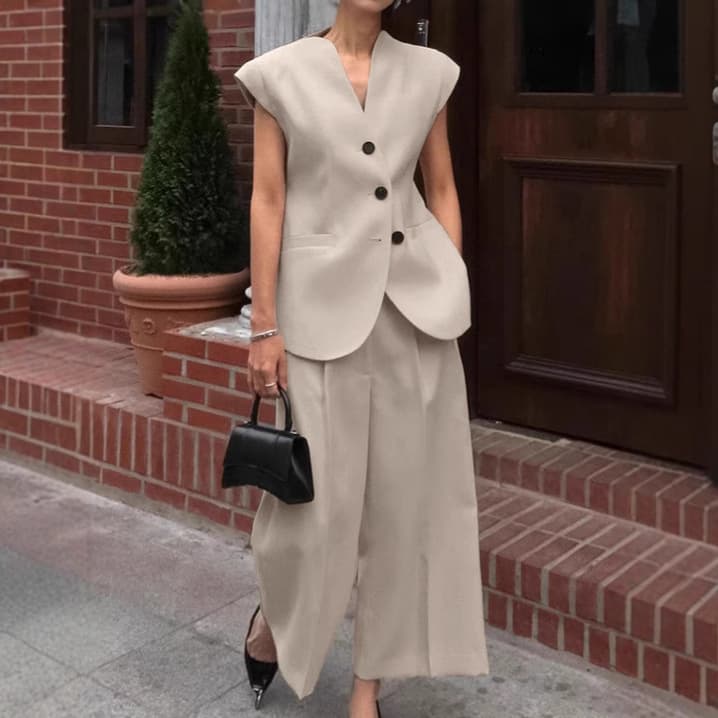 Women's Clothing Fashion Khaki Waistcoat Vest Wide Leg Pants Two piece Suit