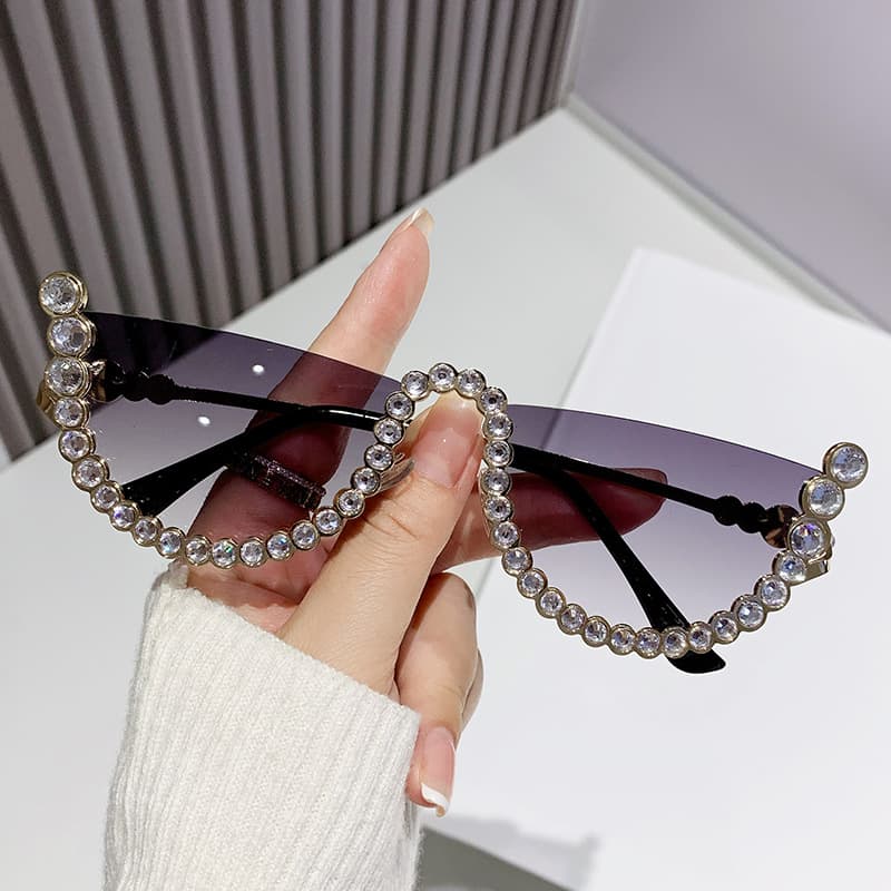 Personalized and modern internet red diamond studded metal half frame, fashionable concave shaped sunglasses, ladies'