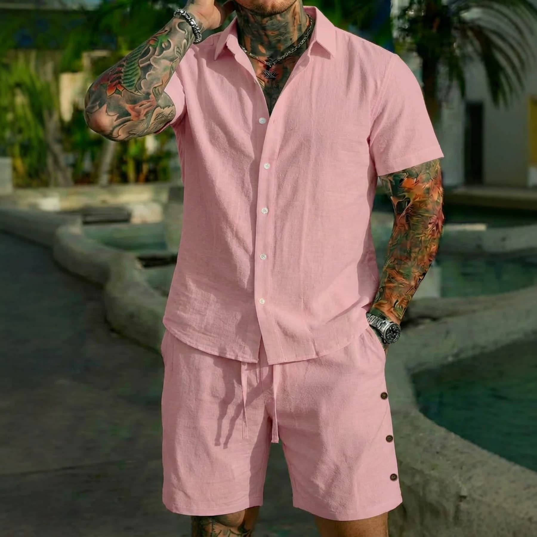 Men's Short Sleeve Shirt & Shorts Set - Lightweight Summer Beach Outfit For Casual & Vacation Wear (White, Black, Sky Blue, Pink)