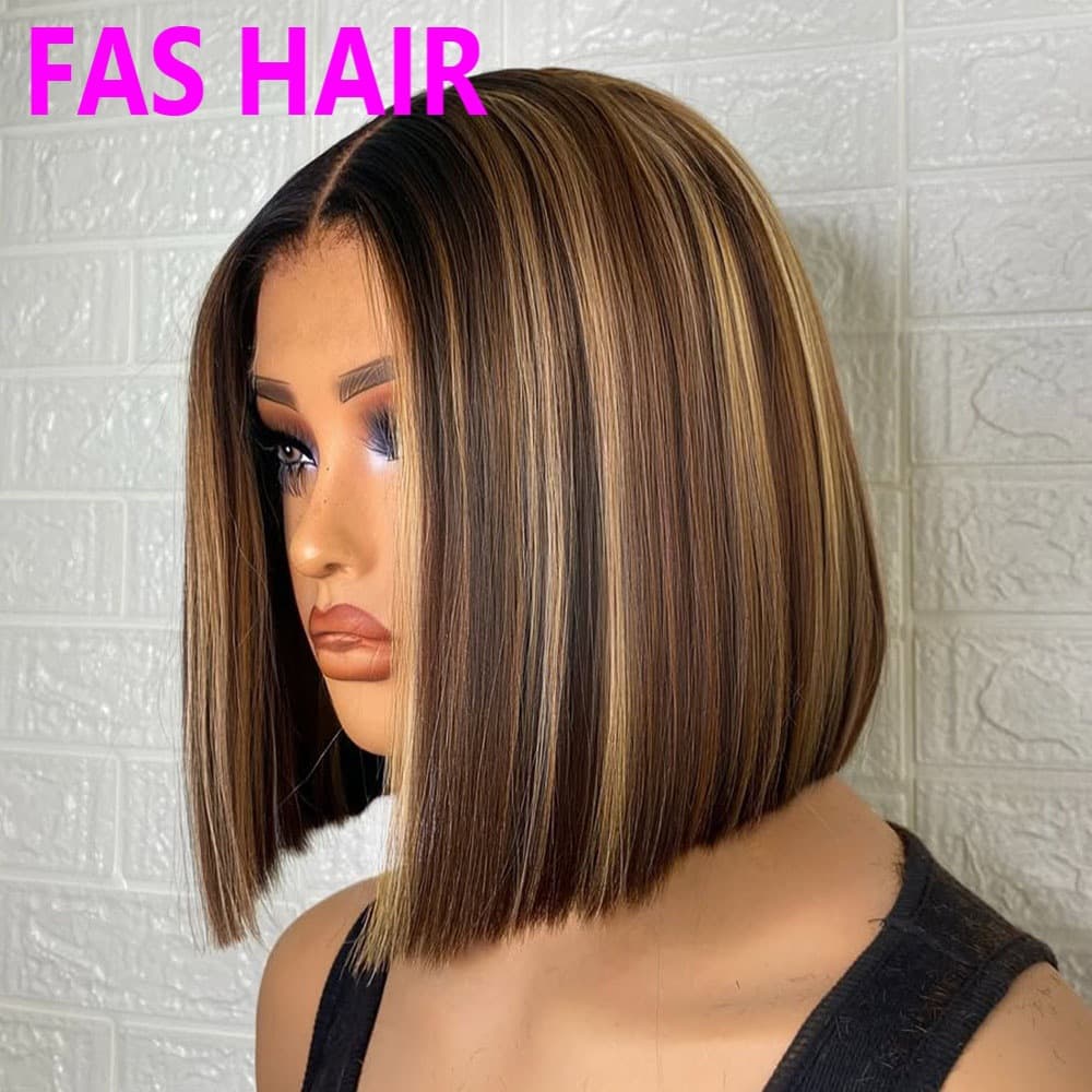 Bone Straight Human Hair Bob Wig - Root Black With #4/27 Highlights, Natural Look & Lightweight (100% Human Hair)