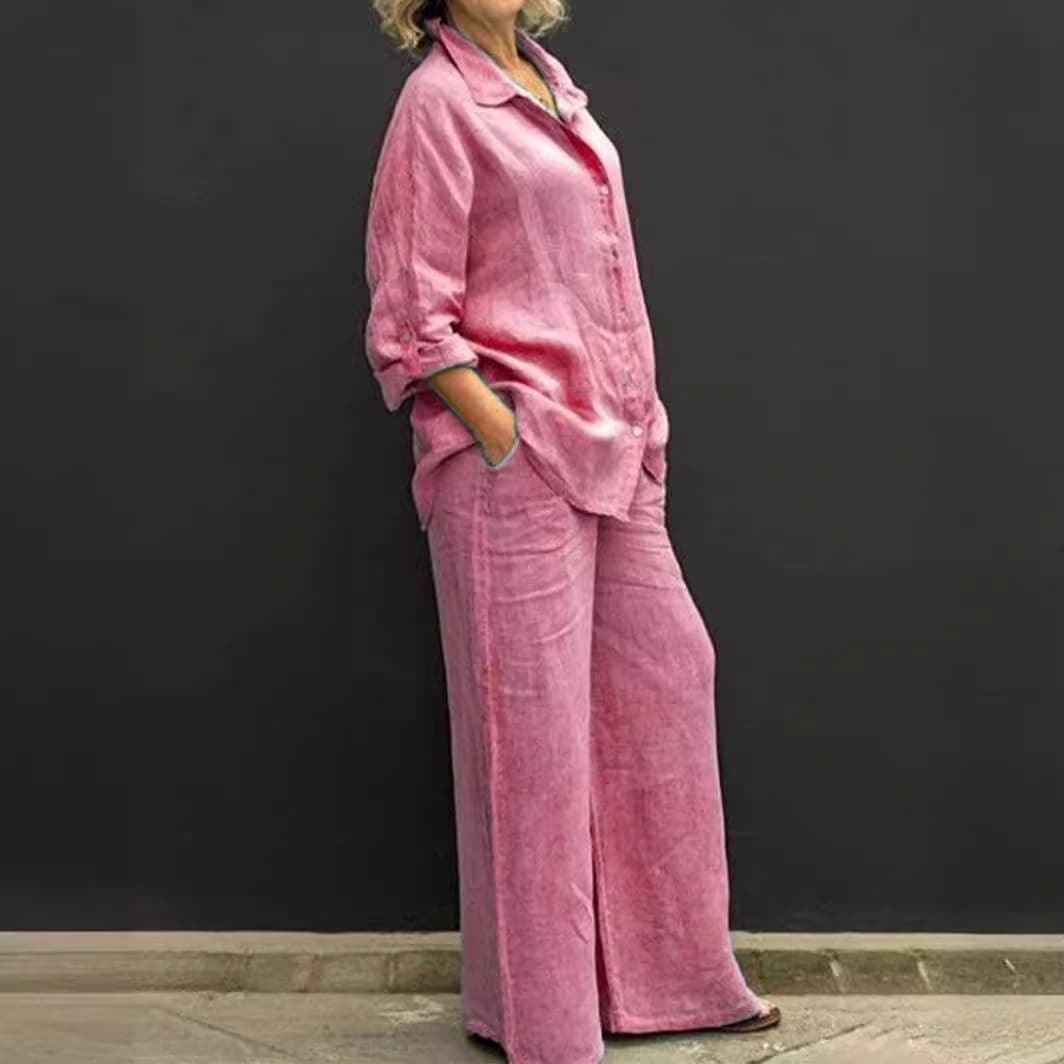 Ensemble chemise et pantalon décontractés pour femme – Mélange de coton et de lin respirant, grandes tailles disponibles (S-5XL), pour le bureau et le quotidien, disponible en 8 couleurs
