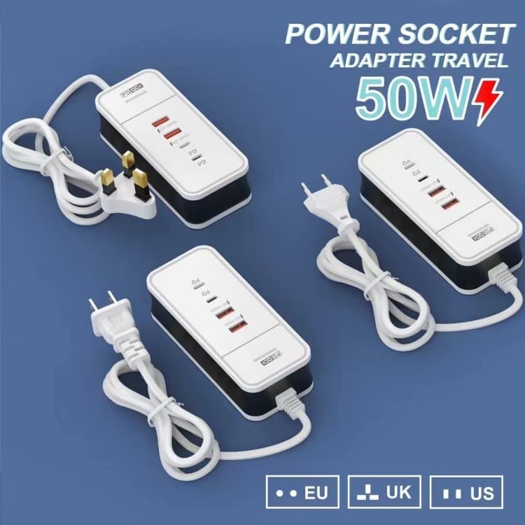 PD50W Power Strip Multi-Port Charger USB + Dual PD 4-in-1 With Cable Head Smart Fast Charging