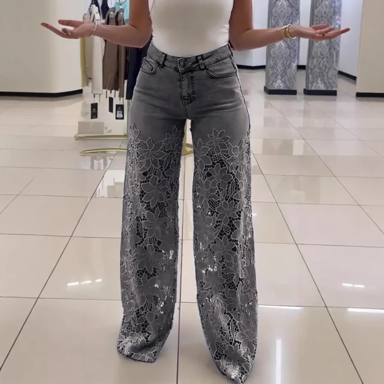High Waist Wide Leg Pants For Women 2025 Summer Fashion Lace Trim Denim Flowy Trousers