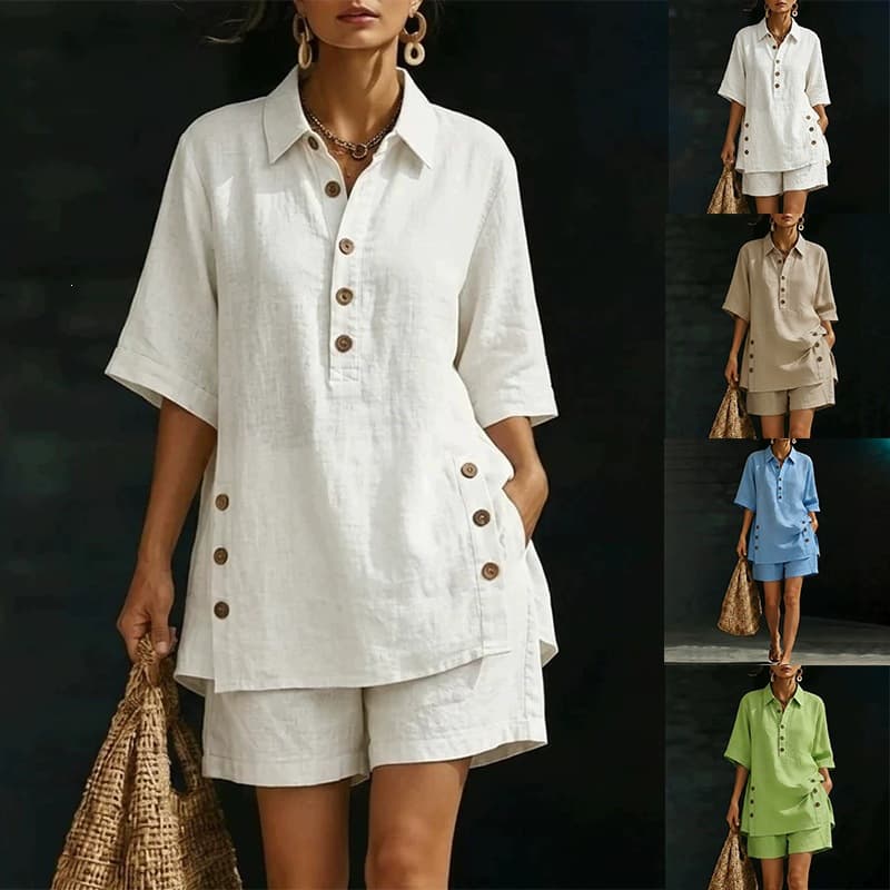 Women's Clothing Cotton Linen Button Down Shirt And Shorts Set Casual Loose Two-Piece Spring Summer Store New