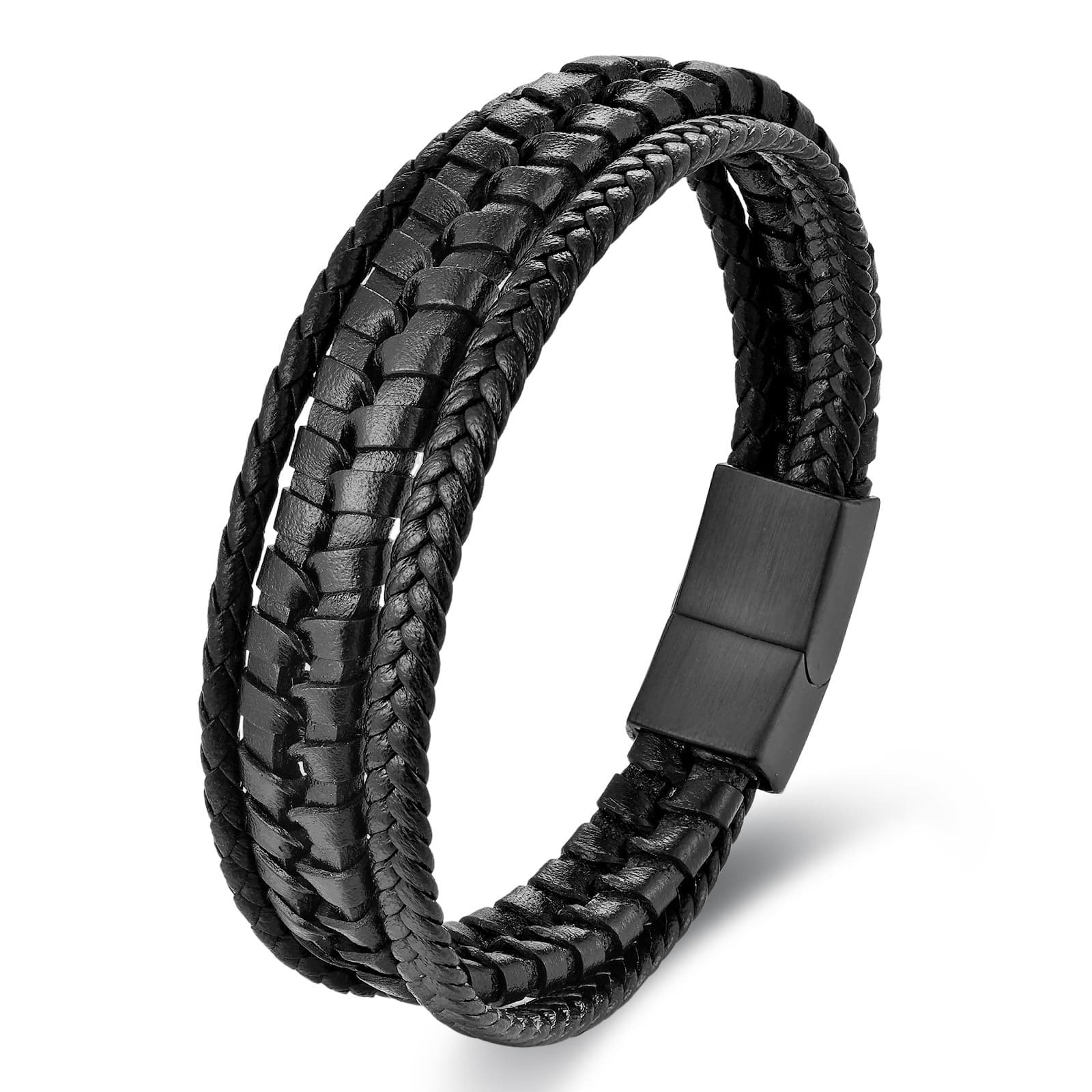 Men's Jewelry Black Leather Rope Cowhide Men's Double Stainless Steel Genuine Leather Braided Bracelet Handmade Multi Layer Leather Bracelet