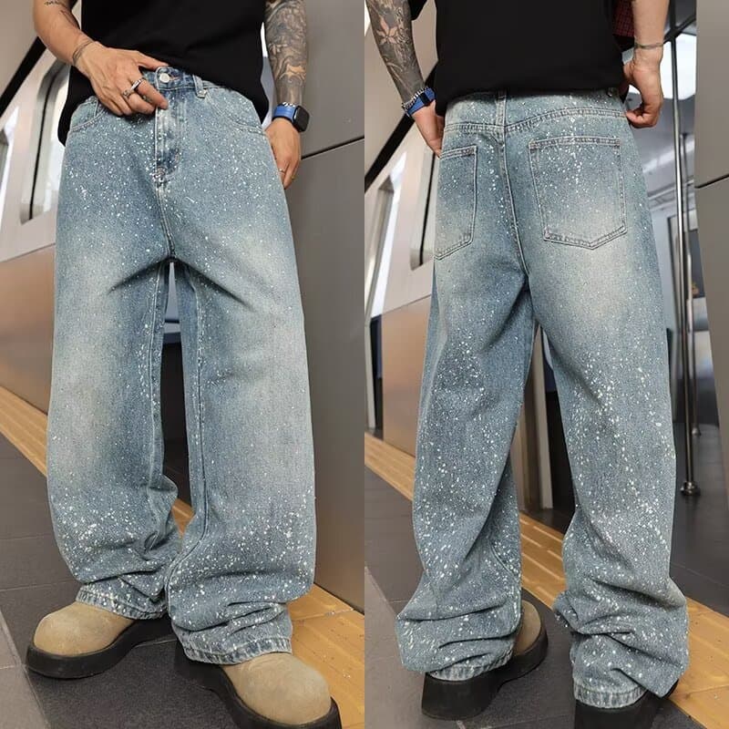 Starry Rhinestone Embellished Jeans – Baggy Wide-Leg Denim Pants For Men & Teens (S-3xl) Vintage Washed Blue