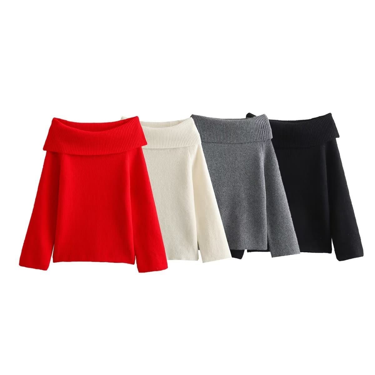 Women's Oversized Knit Sweater - Soft Ribbed Crewneck Long Sleeve Top - Streetwear Casual Pullover (Black, Red, Gray, Cream)