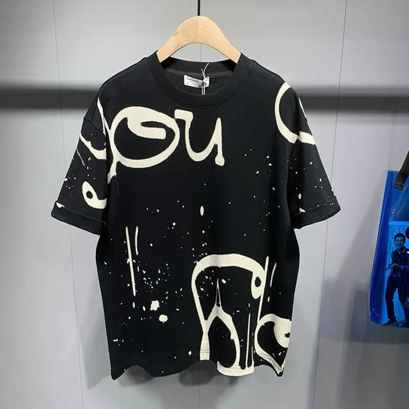Summer New Trend Versatile Graffiti Half-Sleeve T-Shirt Top Loose Crew Neck Cotton Men Short Sleeve T-Shirt