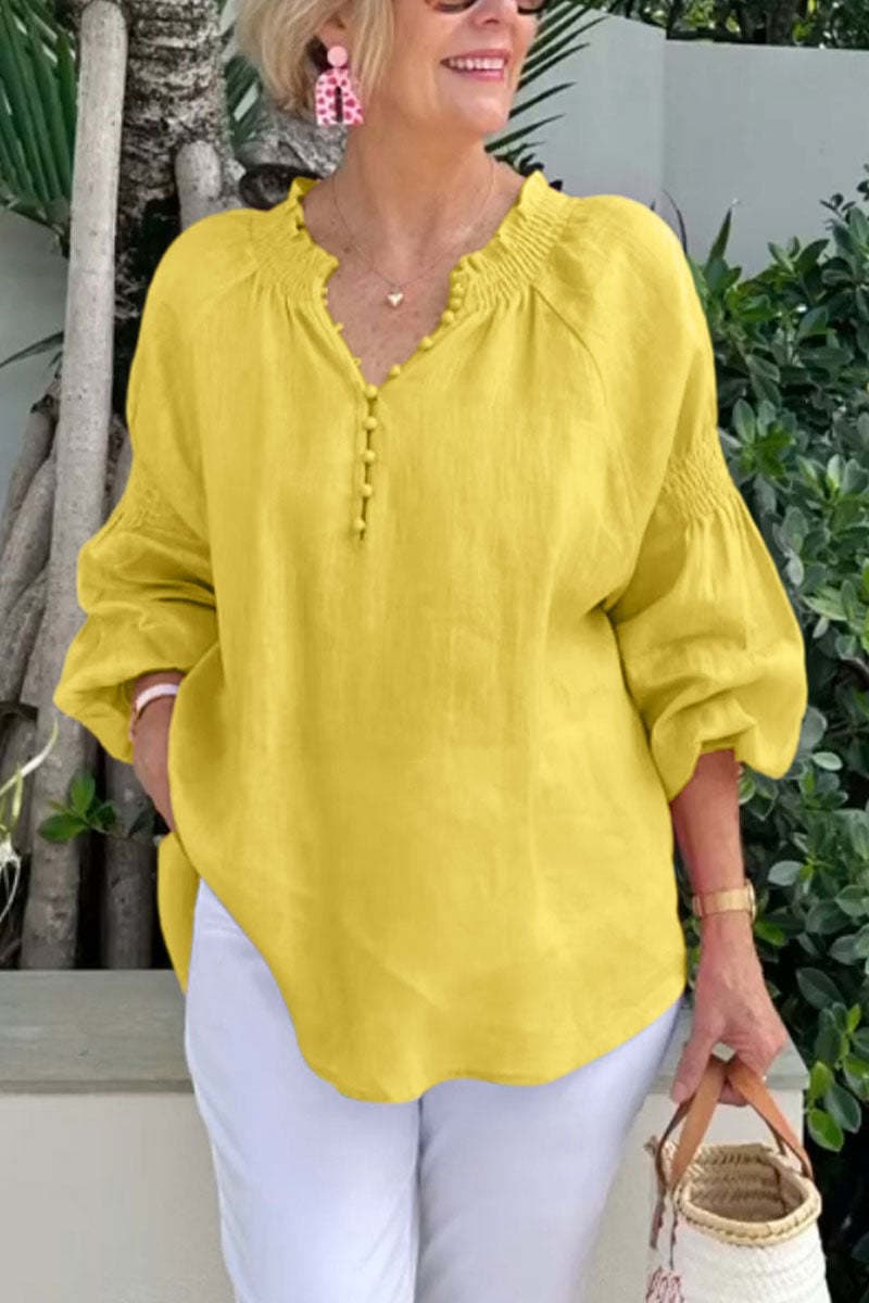 Women's Clothing Spring And Summer Casual V Neck Solid Color Cotton And Linen Long Sleeved Tops