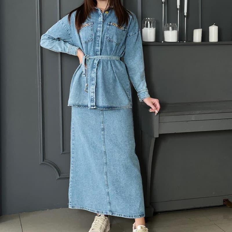 Women's Fashion Distressed Washed Casual Denim Tops And Skirts Suits