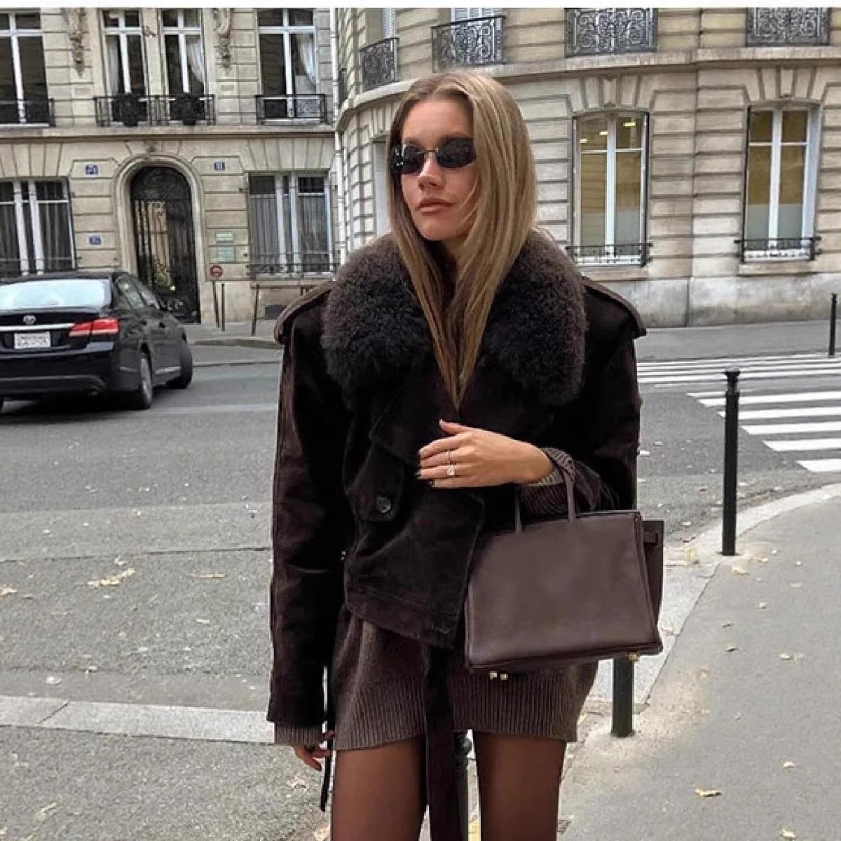 Women's Clothing Luxury Fur Suede Jacket For Women - Soft Plush Collar, Loose Fit, Elegant Short Coat For Fall & Winter (Brown, S/M/L)