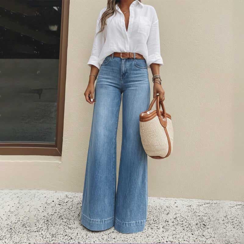 Vintage High-Waisted Wide-Leg Jeans For Women – Retro Stretch Denim Pants With Flowy Hem, Comfortable & Stylish (Light Blue Wash, Dark Blue, Blue)