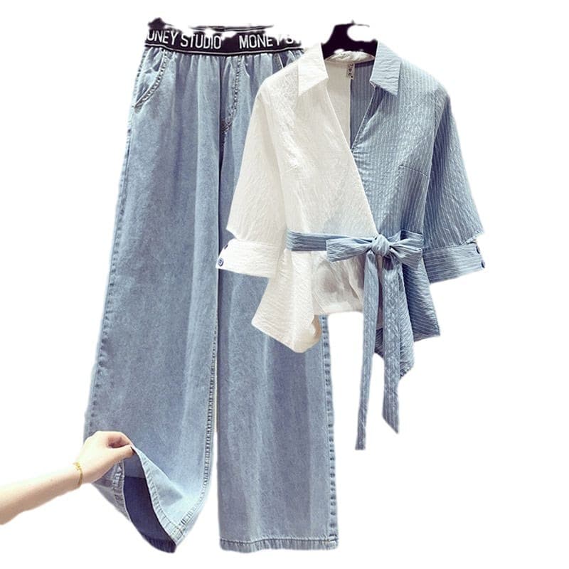 Women's clothing New Fashion Fashionable Flesh-covering Slimming Top High-waisted Jeans Two-piece Set